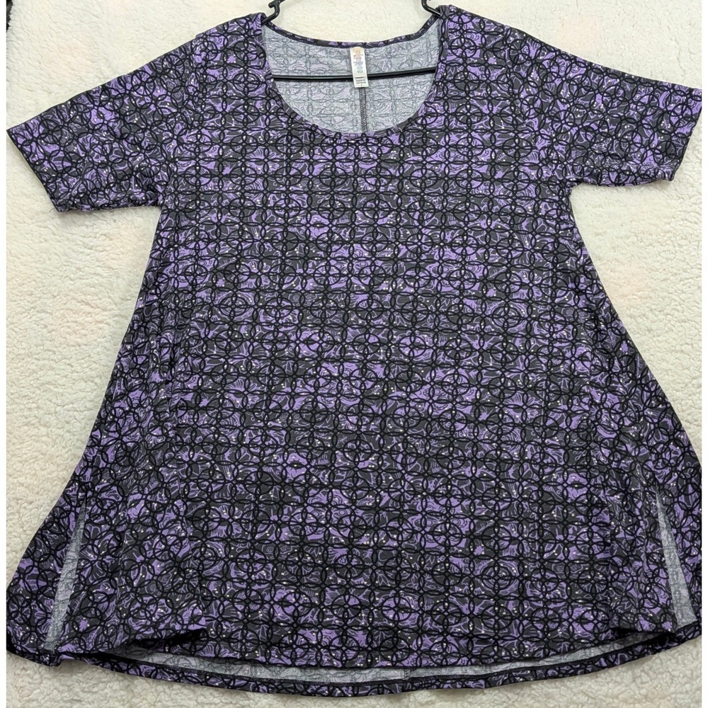 LuLaRoe Irma Tunic Top Small Purple Black Geometric Floral High-Low Hemline